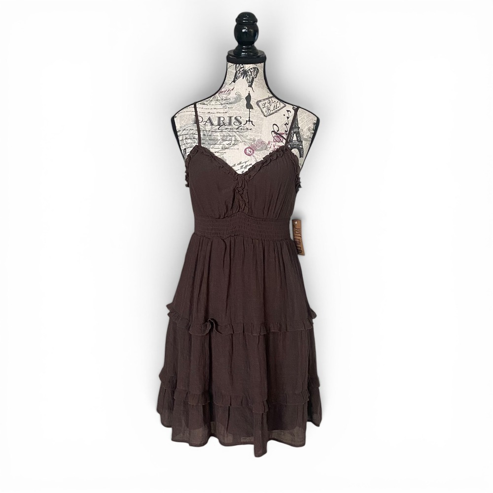 Just Found Tiered Mini Dress Womens Medium Brown Smocked Ruffle Boho JDW2013